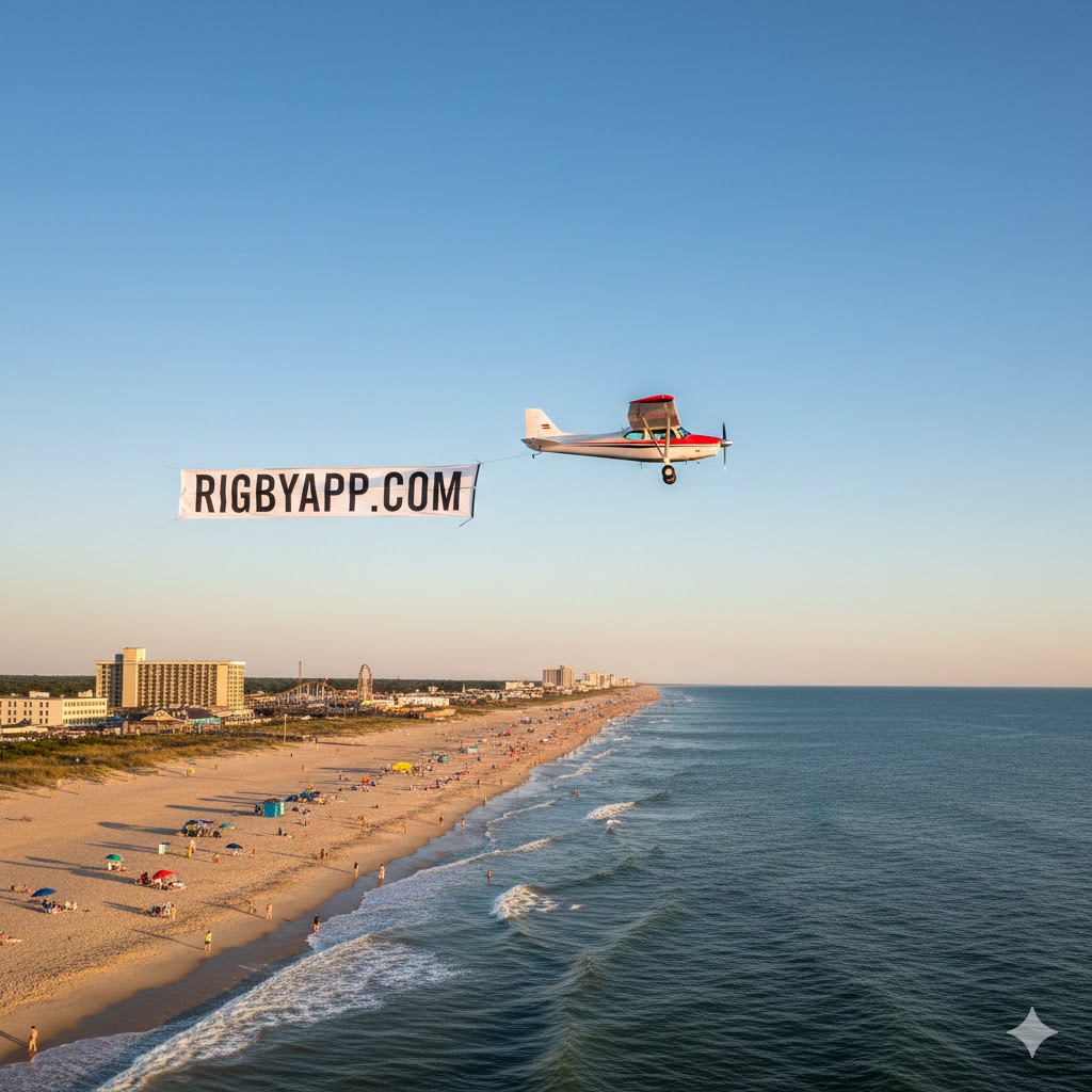 Plane flying RIGBYAPP.COM banner over the Jersey Shore